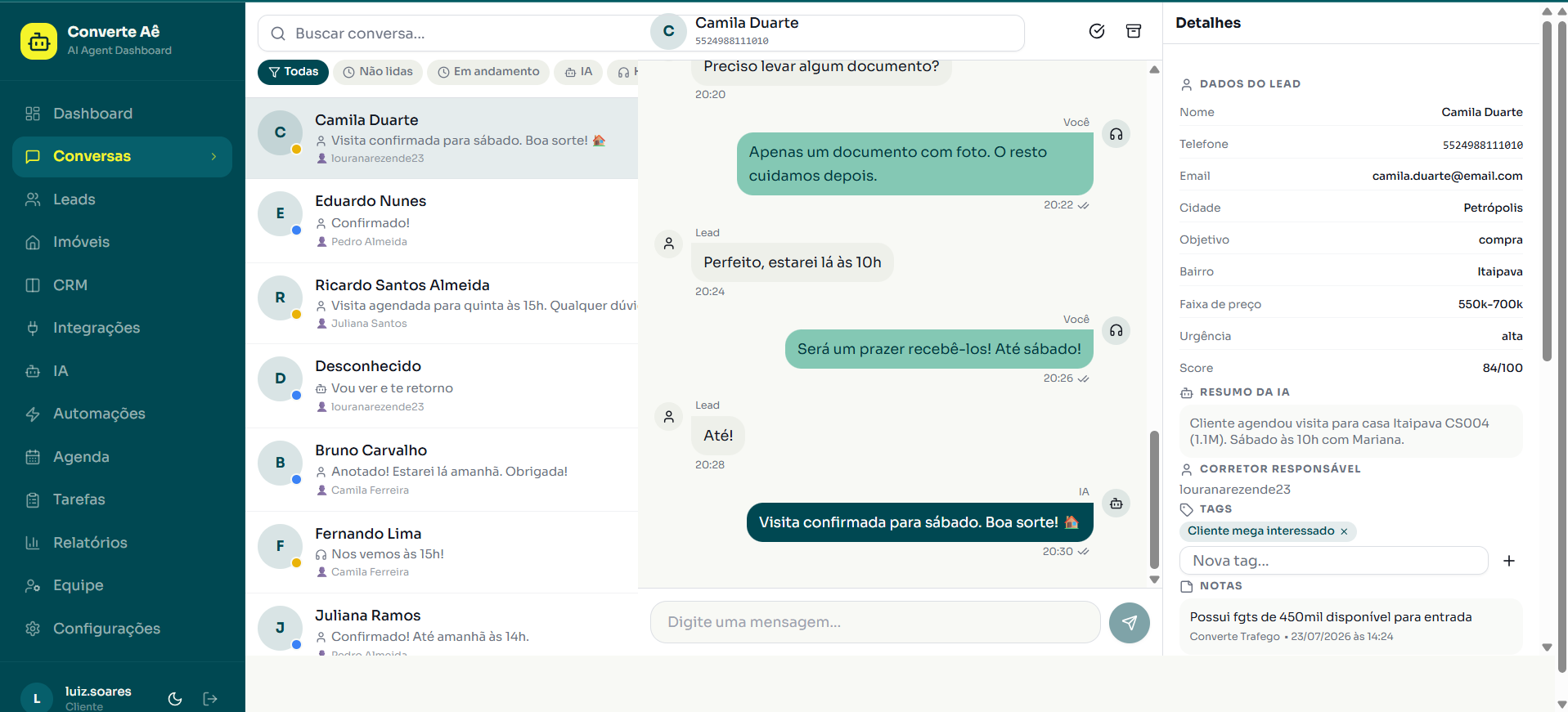 Tela de conversas do painel Converte Aê